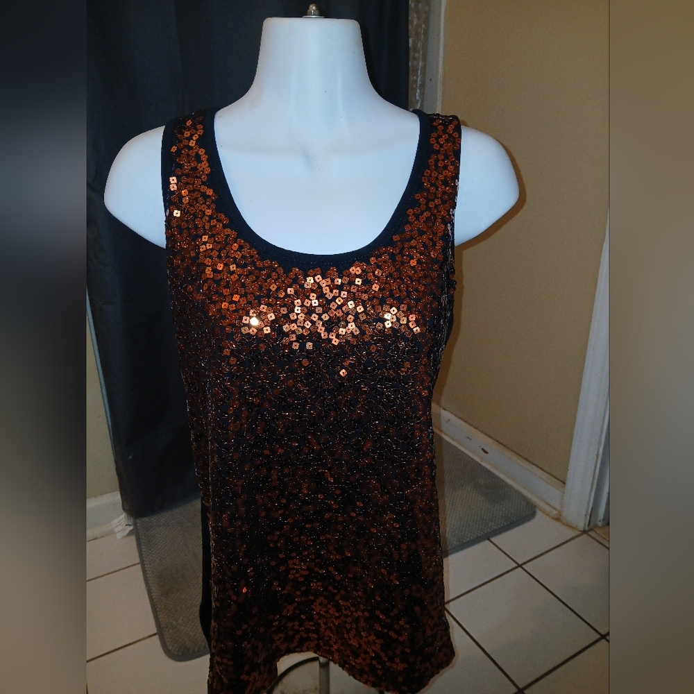 Sequin Sleeveless Top - Black and Copper